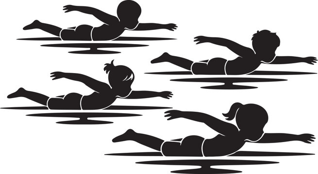 Collection of black silhouettes depicting children swimming freestyle