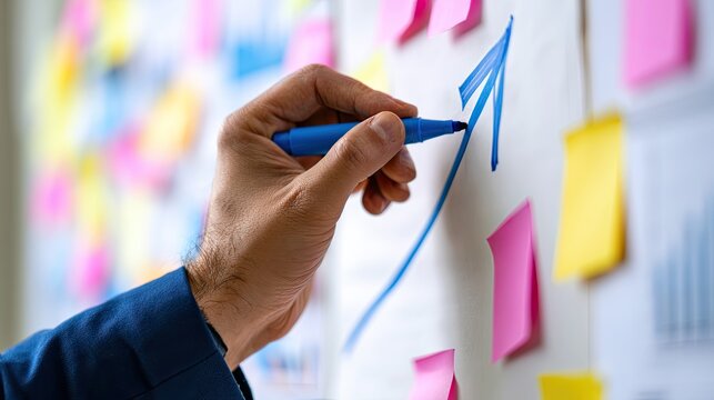 Hand draws upward arrow on wall covered in colorful sticky notes and charts