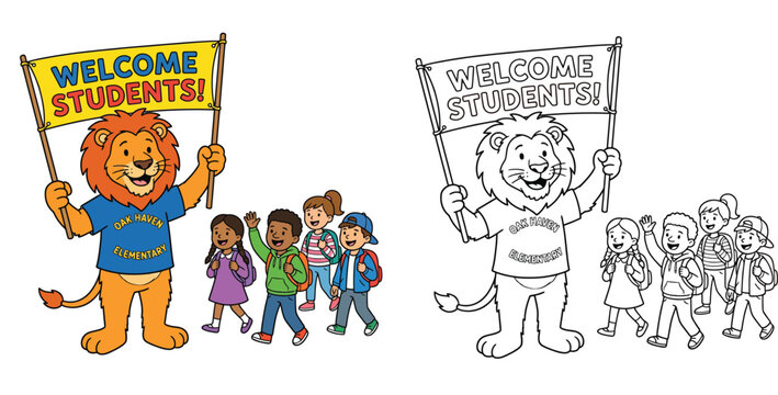 Friendly Lion Mascot Welcomes Students - Coloring Book Illustration