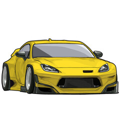 Fototapeta premium Digital illustration of a yellow modified Japanese sports coupe with aggressive widebody styling, custom wheels, lowered suspension, and modern street performance aesthetics. 