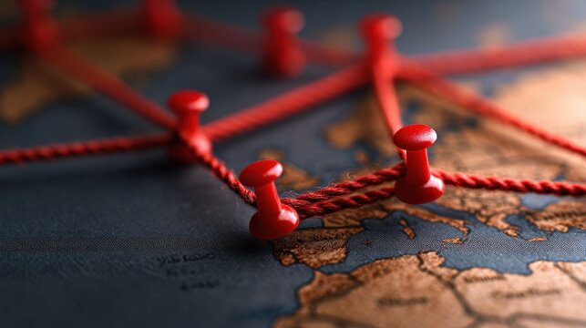Global network strategy illustrated with red pushpins and string connecting points on a vintage world map.