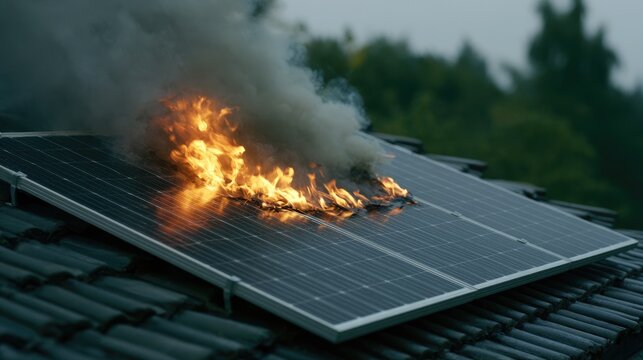 Solar panel on a rooftop engulfed in bright orange flames and thick black smoke