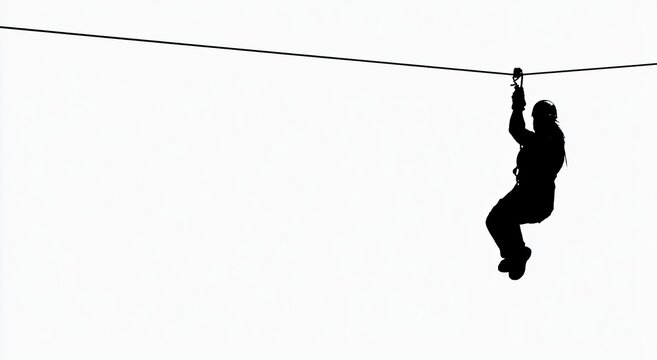 Silhouette of person zip-lining across a stark white background