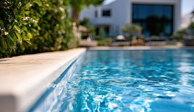 Rippling blue water surface at the edge of a modern resort pool