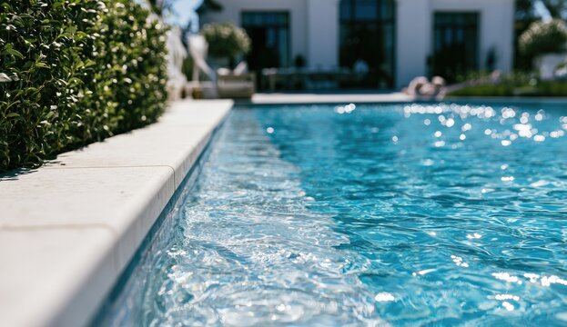 Sparkling blue water in a modern pool, bordered by lush greenery and a white building