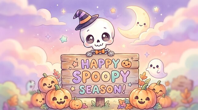 Happy Spoopy Season Cute Kawaii Chibi Skeleton Witch Hat Wooden Sign Jack-o-Lanterns Ghost Crescent Moon Pastel Purple Pink Halloween Banner