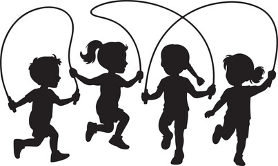 Four children playing jump rope together silhouette with children, silhouette © Nurcreator