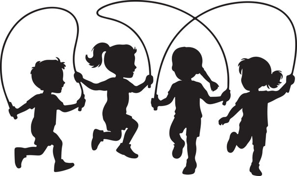 Four children playing jump rope together silhouette with children, silhouette