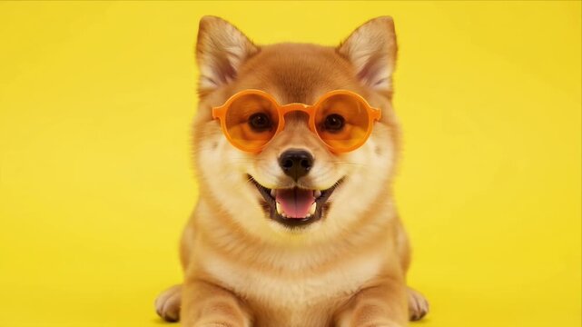 Adorable cute dog puppy inu wearing orange sunglasses yellow background, adorable happy pet smile, funny cute puppy shiba portrait orange sunglasses, bright yellow background summer style