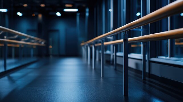 Serene empty dance studio or gym interior with warm wooden barres and atmospheric blue light bokeh.