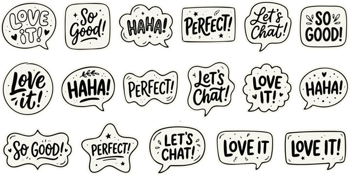 Hand Drawn Speech Bubble Sticker Set with Positive Lettering Quotes