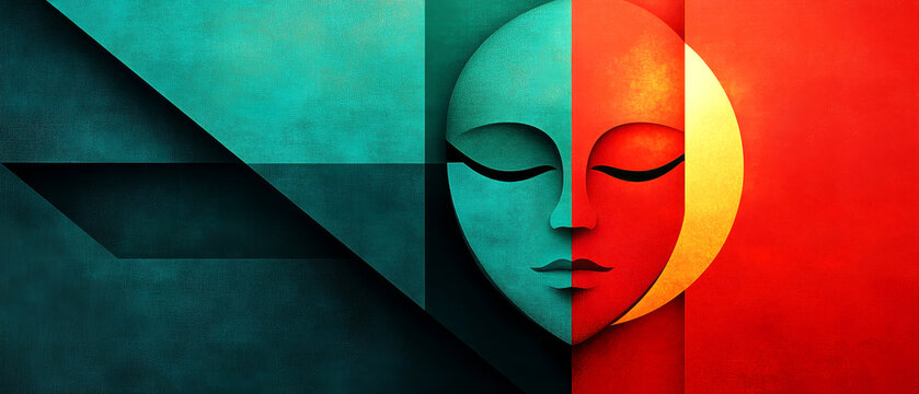 Minimalist graphic illustration of a split face mask with closed eyes, representing duality and balance in vibrant teal and red