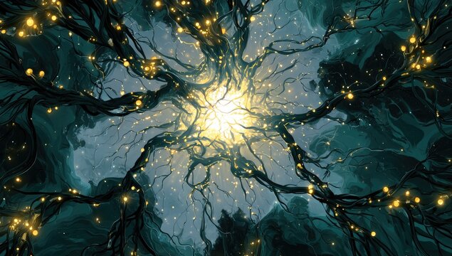 A glowing nexus of intertwined branches, adorned with small lights, from below