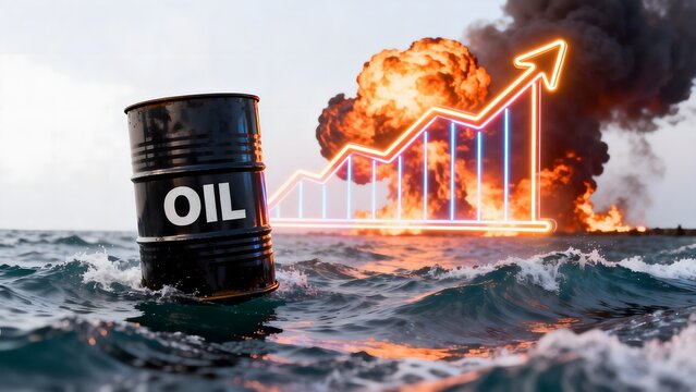 Oil barrel in ocean with explosion and graph