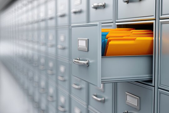Rows of gray filing cabinets, one drawer open revealing folders