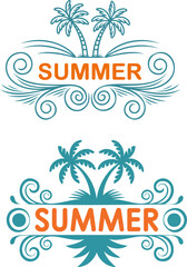 Obraz premium Summer beach vector typography layout with tropical palm tree swirl flourish ornament emblem set isolated on white background for holiday