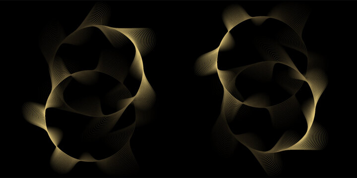 Abstract circle wave lines, gradient light equalizer gold wavy curve. Round frame in luxury golden color isolated on black background. Editable stroke. Vector illustration with copy space