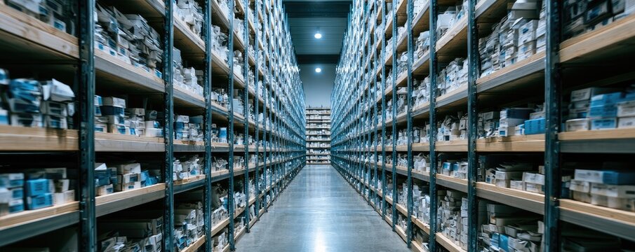Rows of shelves filled with boxed goods recede into a distant, brightly lit warehouse
