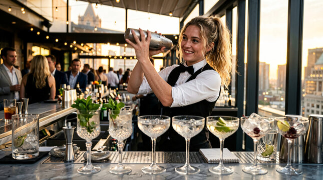 Smiling female bartender using cocktail shaker at luxury rooftop bar during sunset party