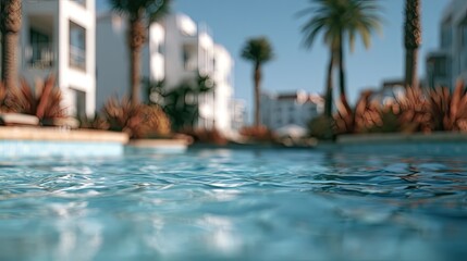 Fototapeta premium Calm pool ripples with sun-drenched white buildings & palm trees