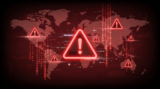 Global cyber security threat warning map with flashing red alert triangle icons and digital code rain, ideal for data breach technology and server firewall system landing pages
