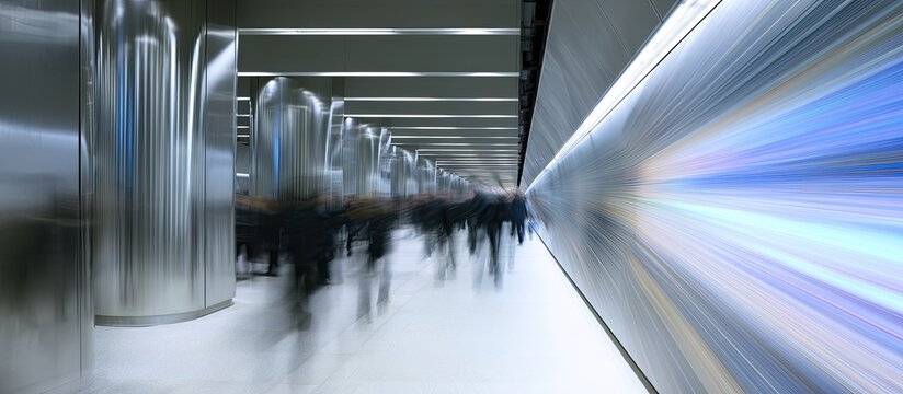 Blurred figures walk through a modern, metallic, futuristic tunnel