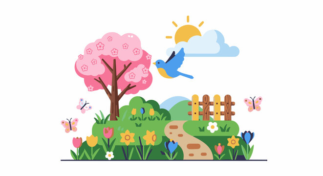 A whimsical spring scene unfolds with a blooming tree, flying bird, and vibrant flowers