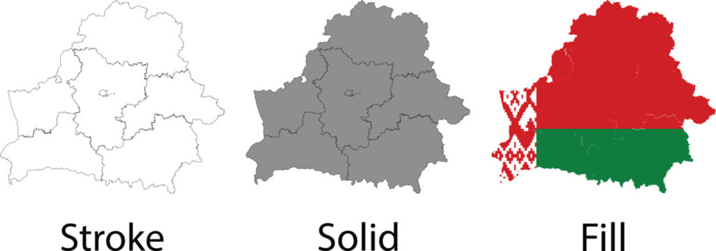 Belarus map silhouettes set with outline, solid gray, and national flag colors fill design.