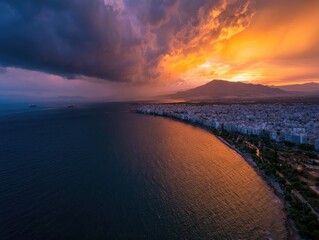 Fototapeta premium Dramatic sunset over a coastal city with dramatic clouds and ocean glow