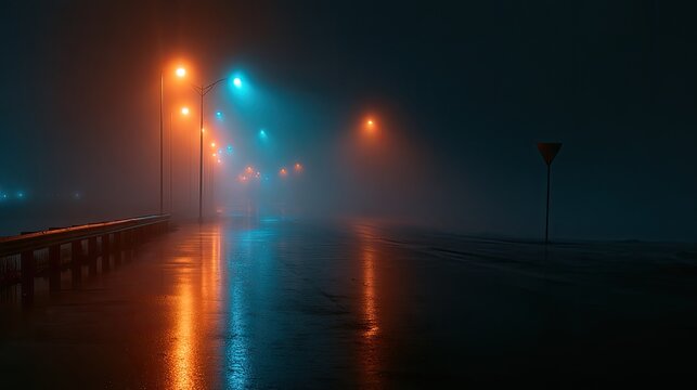 Eerie, fog-laden road illuminated by glowing orange and blue streetlights