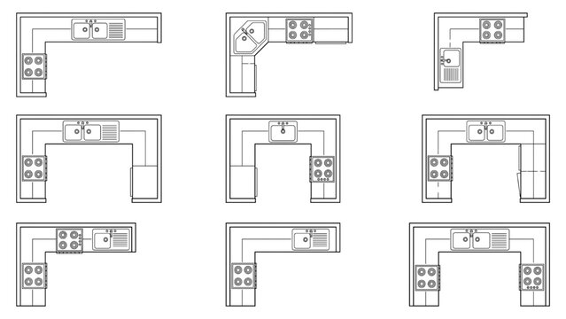 Top View Kitchen Floor Plan Vector Symbols Set with L Shaped and U Shaped Counter Layouts Sinks and Stoves