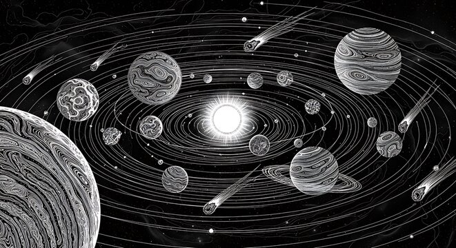 Black and White Artistic Depiction of the Solar System with Planets and Comets.