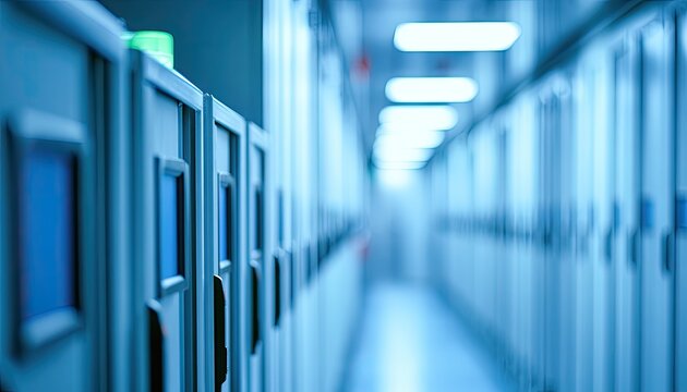 Rows of server racks recede into a blue-lit, modern data center