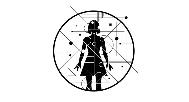 Abstract illustration of a female silhouette with geometric patterns and lines.