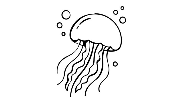 Bell shaped jellyfish floating in the deep sea water, minimalist vector icon illustration of a stinging medusa with long tentacles, simple flat line art design for marine life apps.