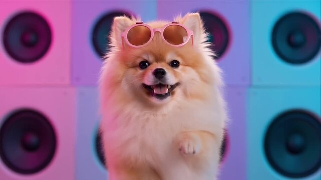 Adorable Adorable pomeranian puppy pink sunglasses cute dog fluffy pet small furry friend posing front of colorful speakers party background vibrant neon light fun vibe cool style confident paw raise