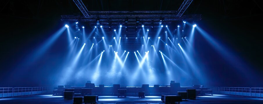 Ethereal blue stage lights pierce the dark, illuminating empty concert setup