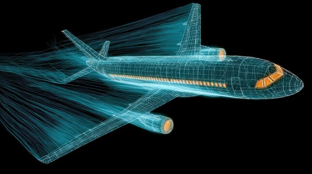 Futuristic aircraft wireframe with glowing aerodynamic flow simulation