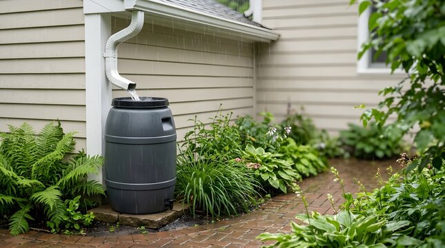 Rain falls steadily around a gray barrel collecting water from a roof drain. Green plants and a stone path surround the barrel and home. The scene shows a practical use of rainwater in a backyard