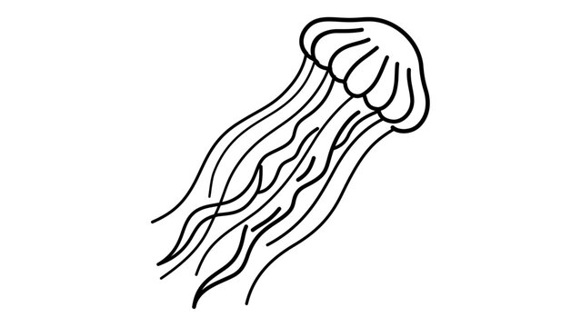Detailed swimming jellyfish with trailing long tentacles line icon and editable stroke. Minimalist vector illustration of a sea animal. Adjustable line weight for professional graphic design.