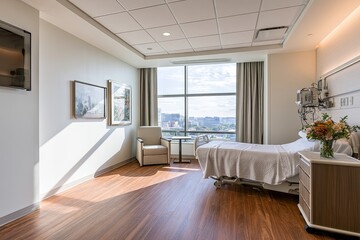 Fototapeta premium Bright hospital room with large window, modern bed, chair, and flowers