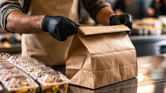 Gloved hands seal a brown paper bag for a takeaway order next to packed meals