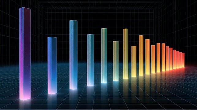 Luminous bars in a grid, decreasing in height, gradient colors