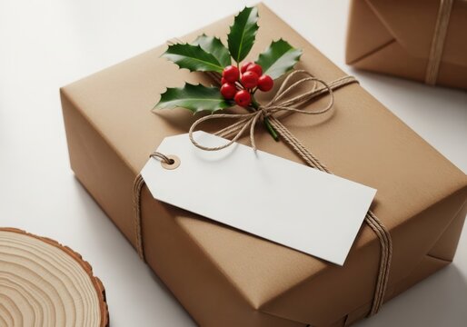 Christmas gift box wrapped in brown paper with holly berries and a blank gift tag on a white background