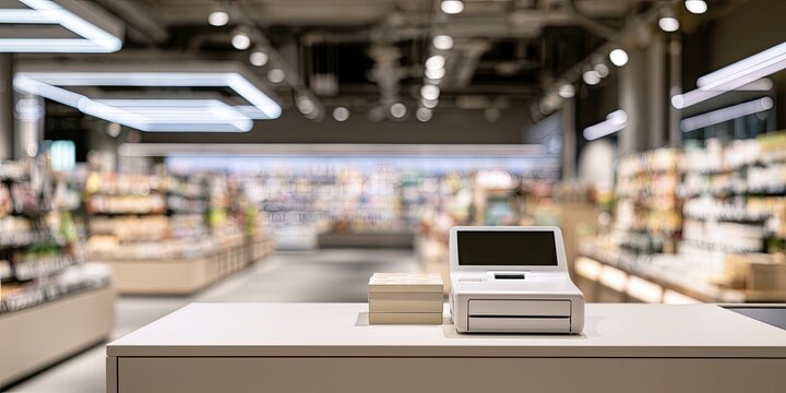 Empty checkout counter with a modern terminal in a well-lit retail store