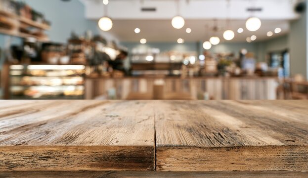 Rustic wooden table in foreground, blurred cafe background with display shelves