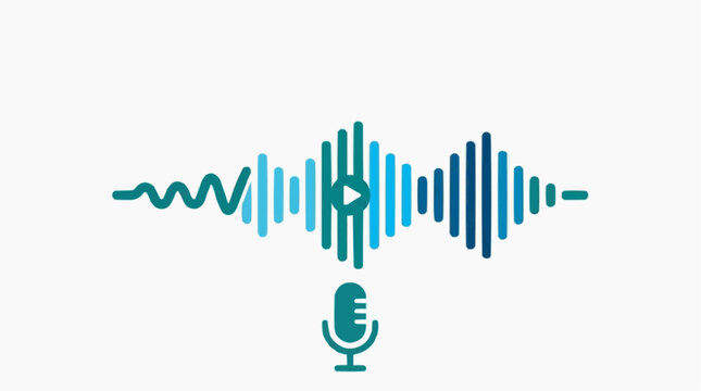 Audio Waveform and Microphone Icon: A stylized audio waveform graphic, featuring a play button at its center, is displayed above a simple microphone icon.