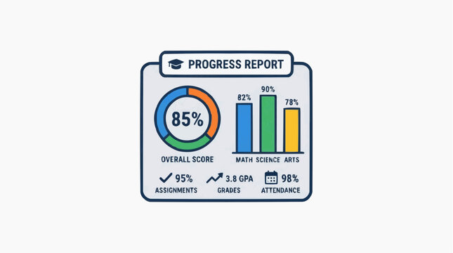 Progress Report Illustration: A graphic representation of a progress report, featuring a circular chart showing 85% overall score, bar graphs for Math, Science, and Arts, and icons for assignments.