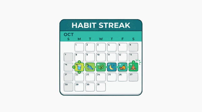 Habit Streak Tracker: A digital calendar interface displaying a 'Habit Streak' for October, marked with icons representing daily activities and a continuous line showing progress.