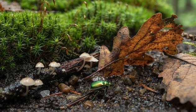 A jewel beetle patrols the mossy shore beneath a fallen leaf, as tiny mushrooms glow like forest lanterns